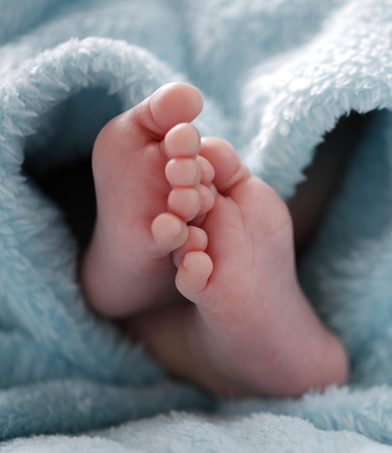 Baby feet wrapped in soft blue blanket