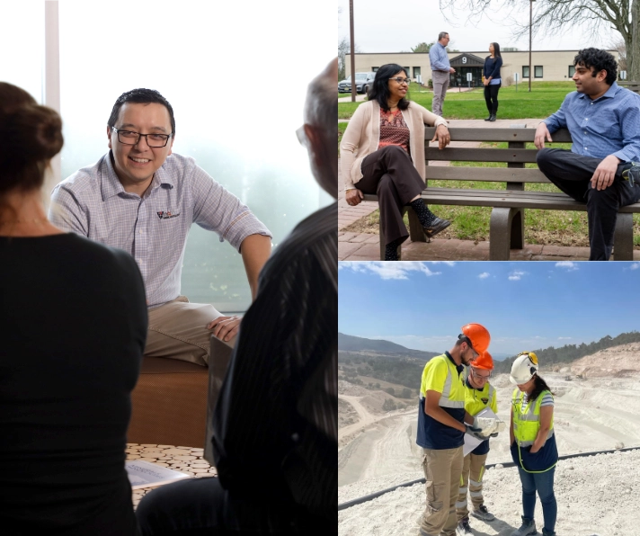 Collage of workers talking